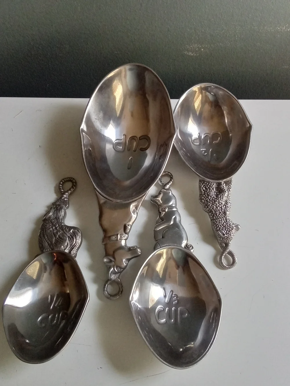 Vintage Animal Pewter Measuring Cups Set 4 Dog Cat Rooster Bear Farmhouse